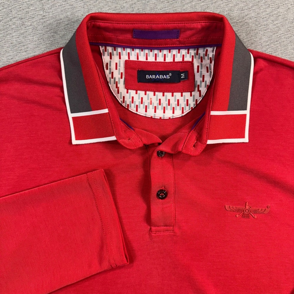 BARABAS Long Sleeve Polo Shirt Mens M Red Farsi Symbol Embroidered Preppy Casual